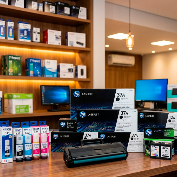 Diversos Cartuchos e Toners sobre a mesa da empresa Front e ao fundo impressoras e caixas de produtos.
